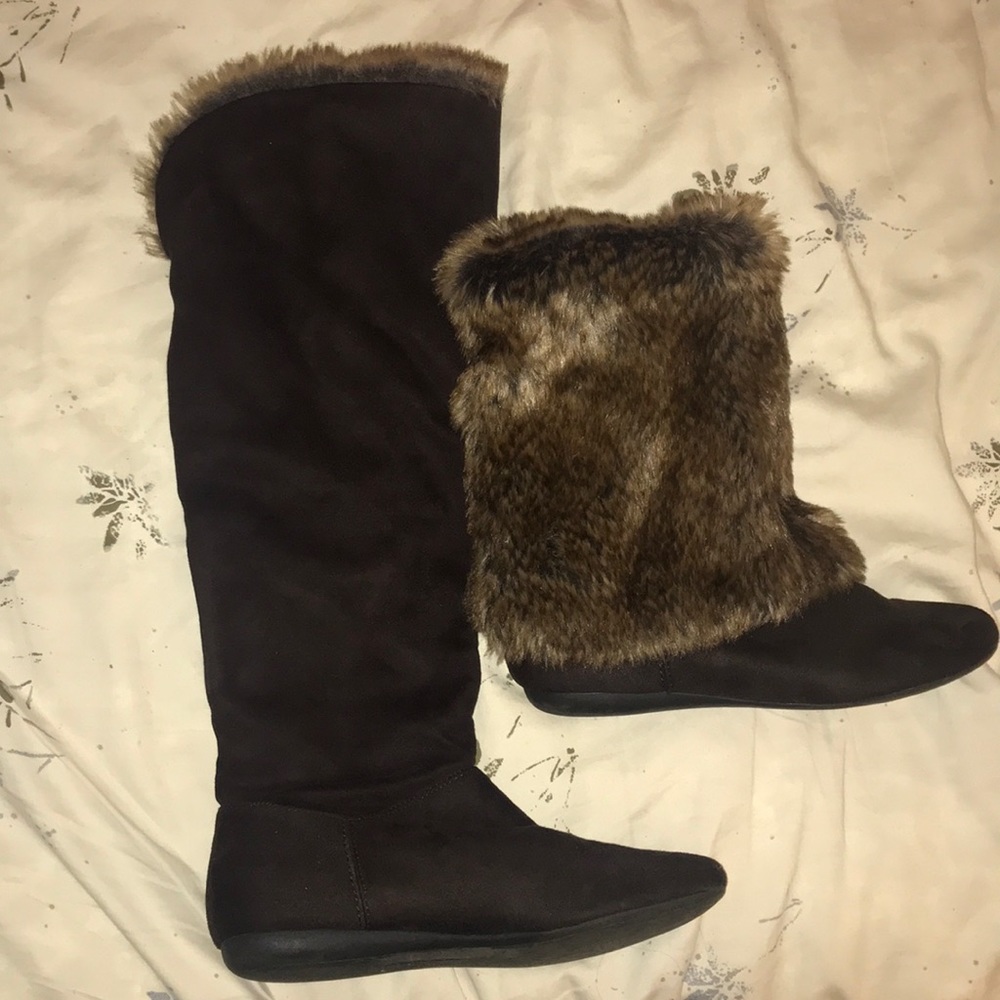 Brown furry knee high boots